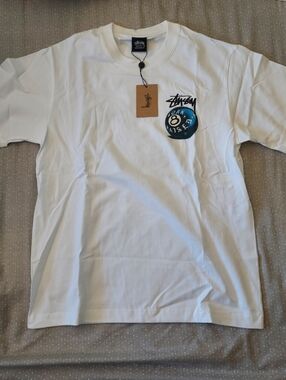 Stussy White T-Shirt with Blue & Black 8-Ball Graphic
